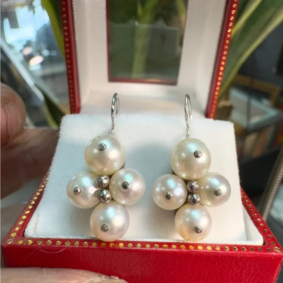 Artisan 18k Pearl Cluster dangle Earrings